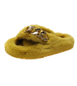 Yellow Metal Chain Cross Bands Plush Slippers