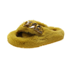 Yellow Metal Chain Cross Bands Plush Slippers