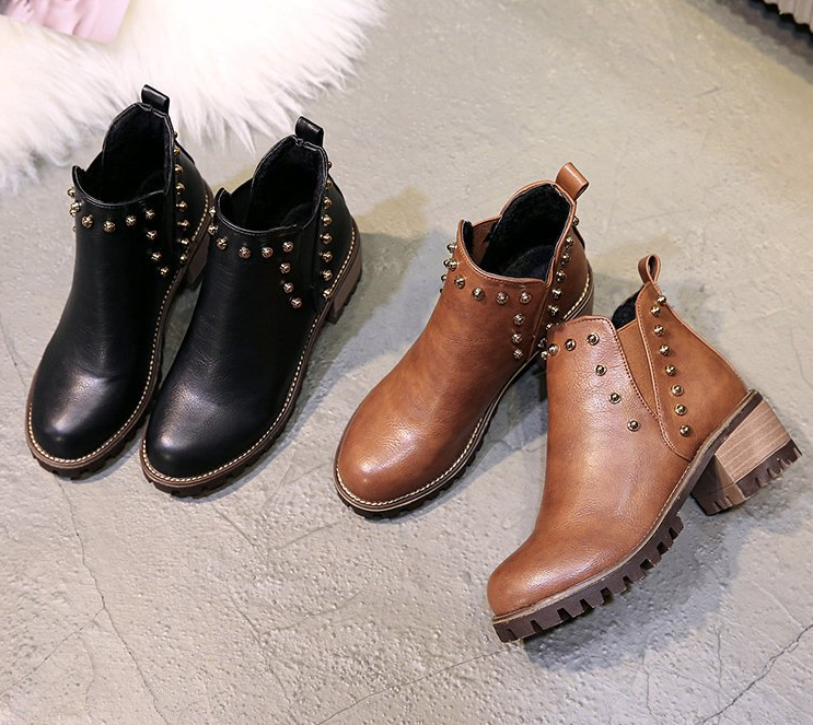 Retro Martin boots plus velvet thickening shoes round head wild thick with rivet sleeve boots