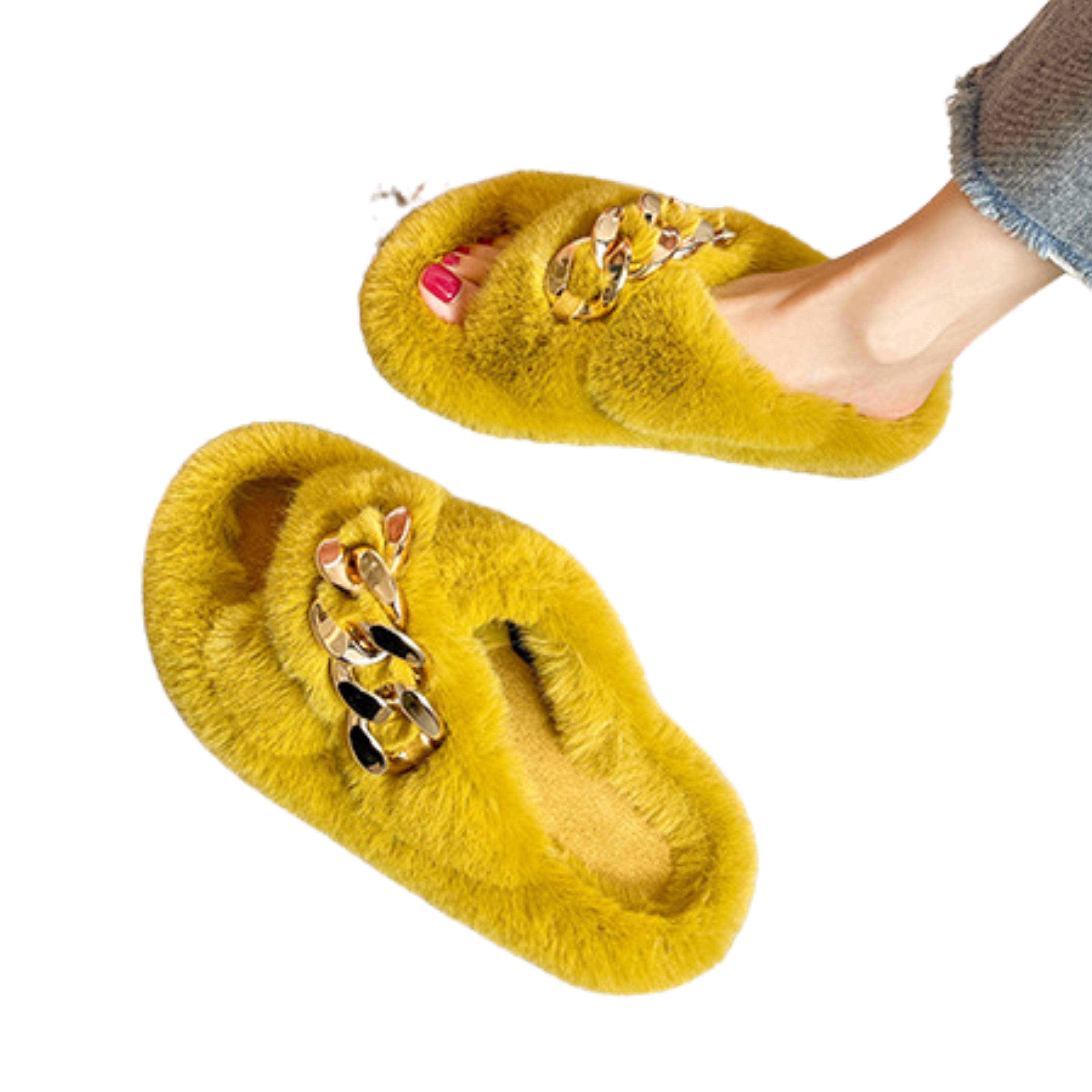 Yellow Metal Chain Cross Bands Plush Slippers