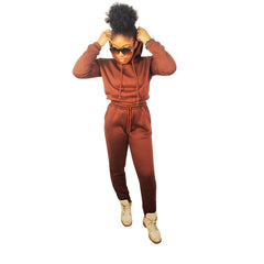 Brown Drawstrings Crop Hoodie & Sweatpants