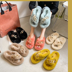 Yellow Metal Chain Cross Bands Plush Slippers