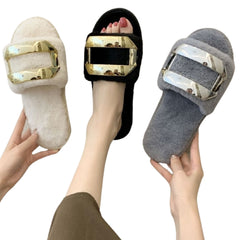 Black Metal Buckle Plush Slippers