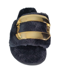 Black Metal Buckle Plush Slippers