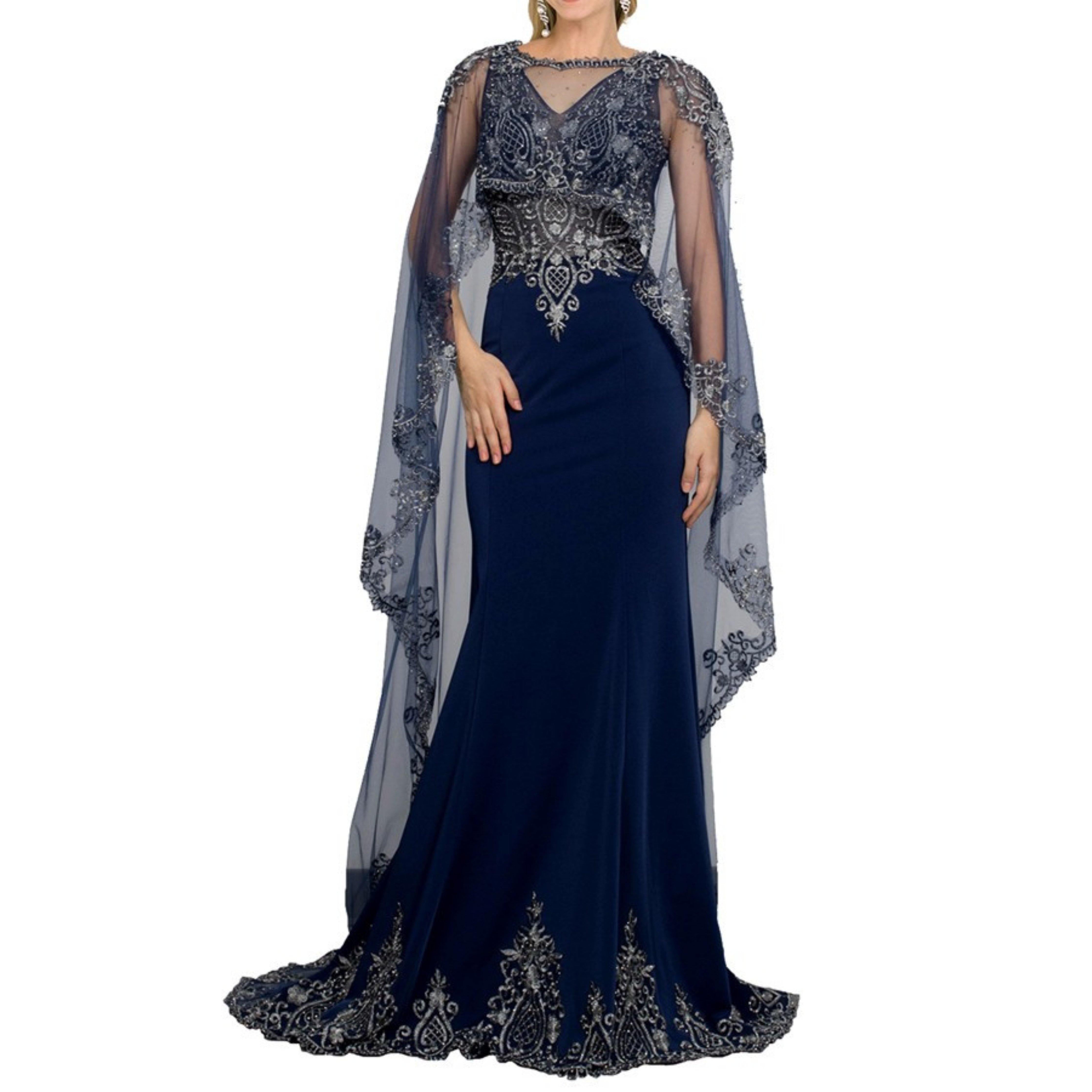 Floor-Length Embroidered Lace Applique Cape Dress - Samarlie