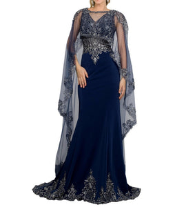 Floor-Length Embroidered Lace Applique Cape Dress