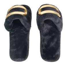 Black Metal Buckle Plush Slippers