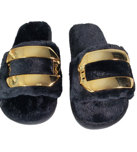 Black Metal Buckle Plush Slippers