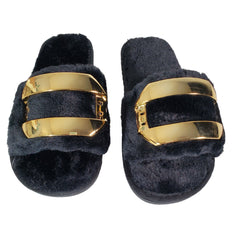 Black Metal Buckle Plush Slippers