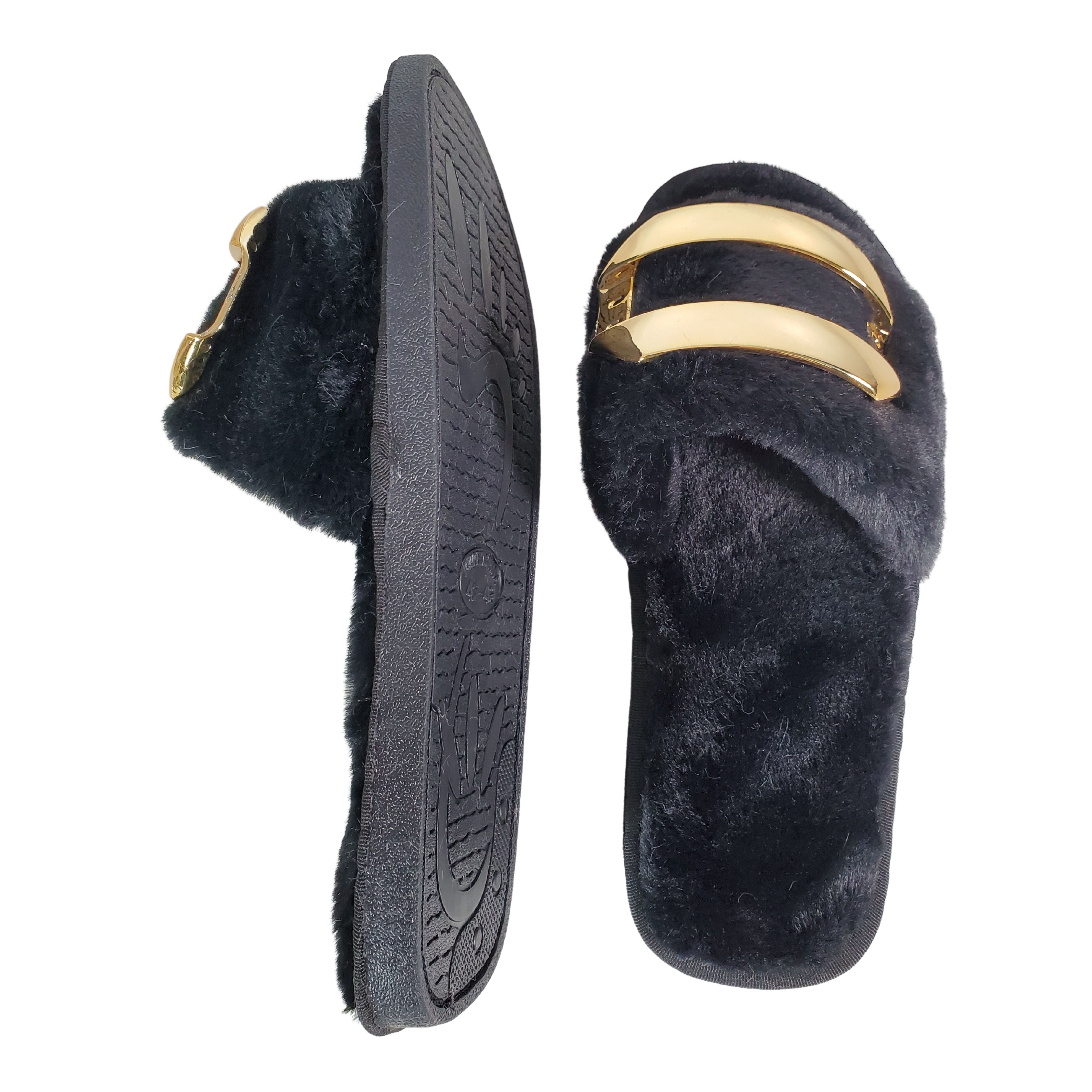 Black Metal Buckle Plush Slippers