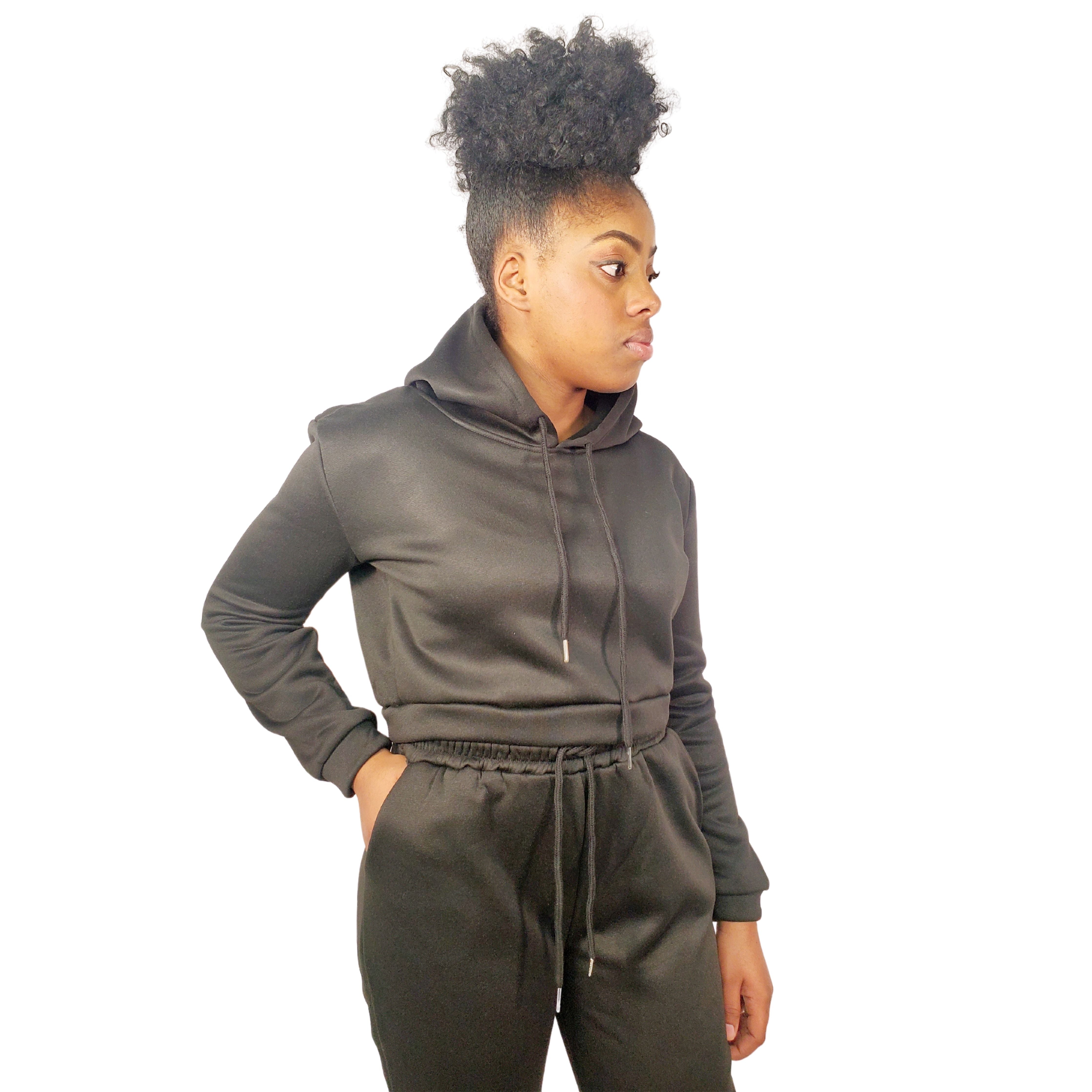 Black Drawstrings Crop Hoodie & Sweatpants