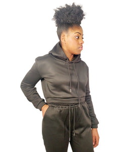 Black Drawstrings Crop Hoodie & Sweatpants