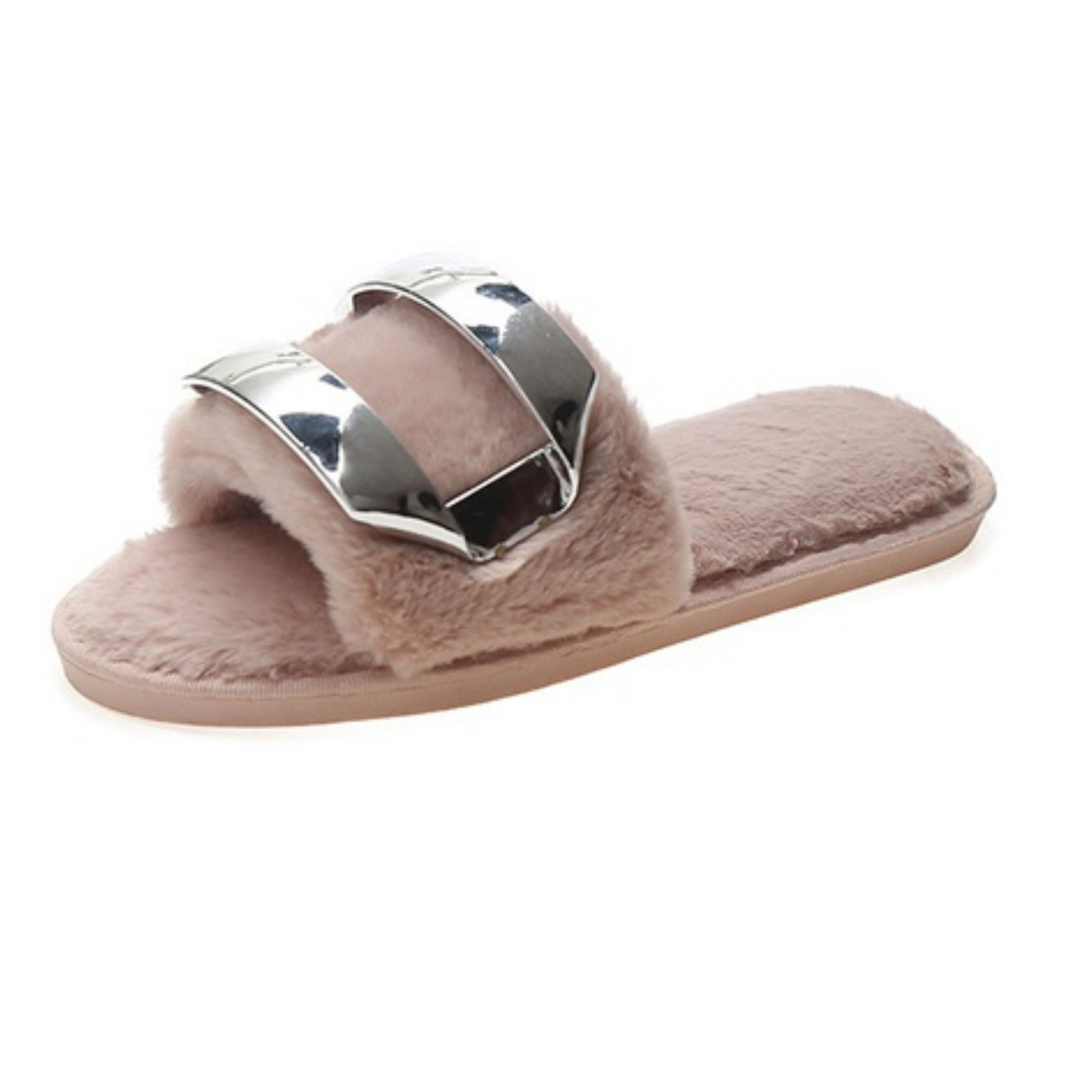 Pink Metal Buckle Plush Slippers