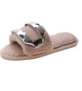 Pink Metal Buckle Plush Slippers