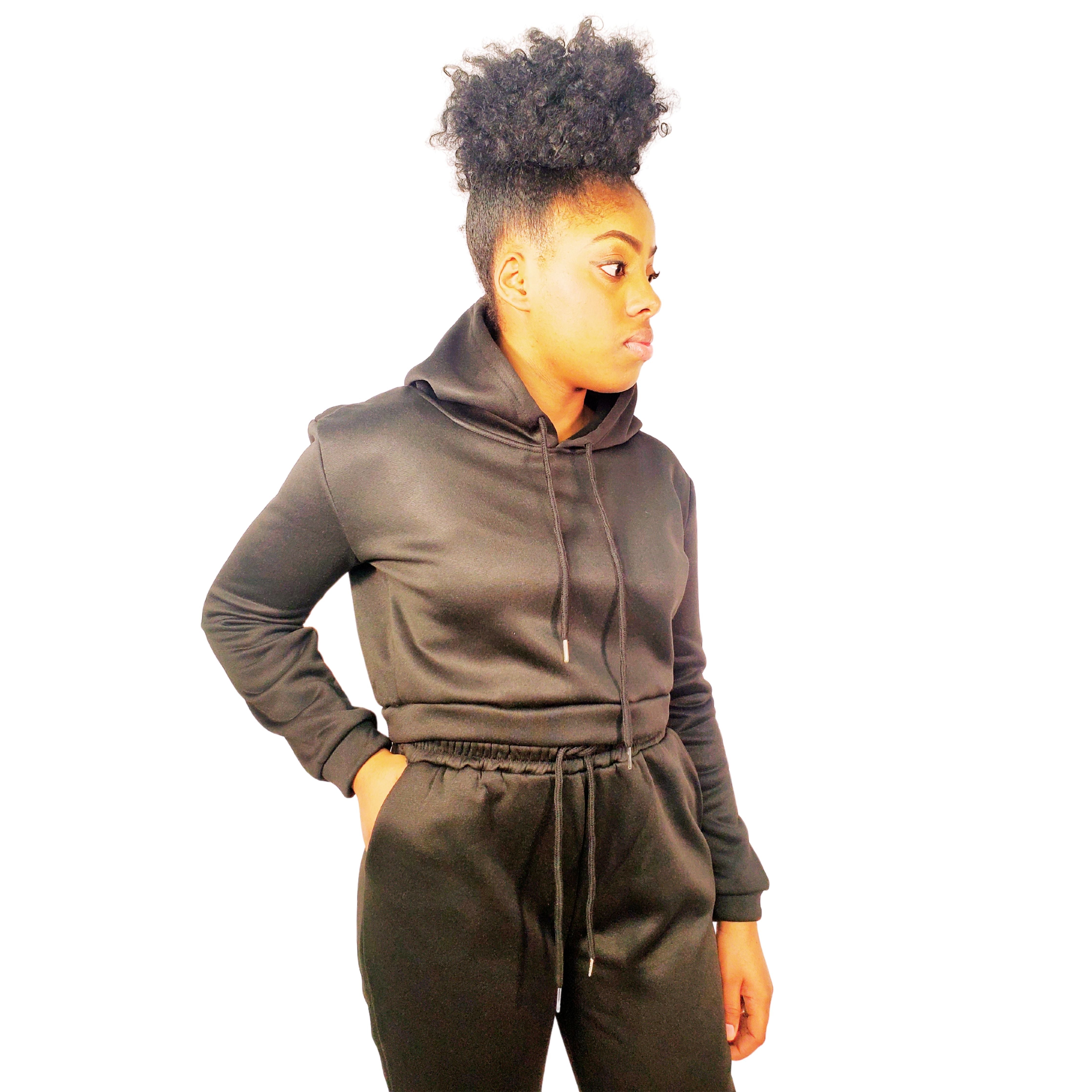 Black Drawstrings Crop Hoodie & Sweatpants