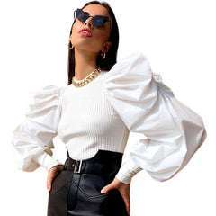 Stylish Black Pleated Puff-Out White Blouse - Samarlie