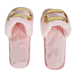 Pink Metal Buckle Plush Slippers