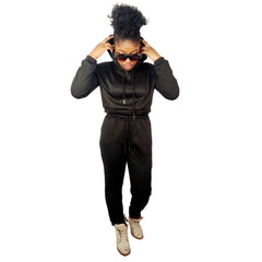 Black Drawstrings Crop Hoodie & Sweatpants