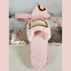 Pink Metal Buckle Plush Slippers