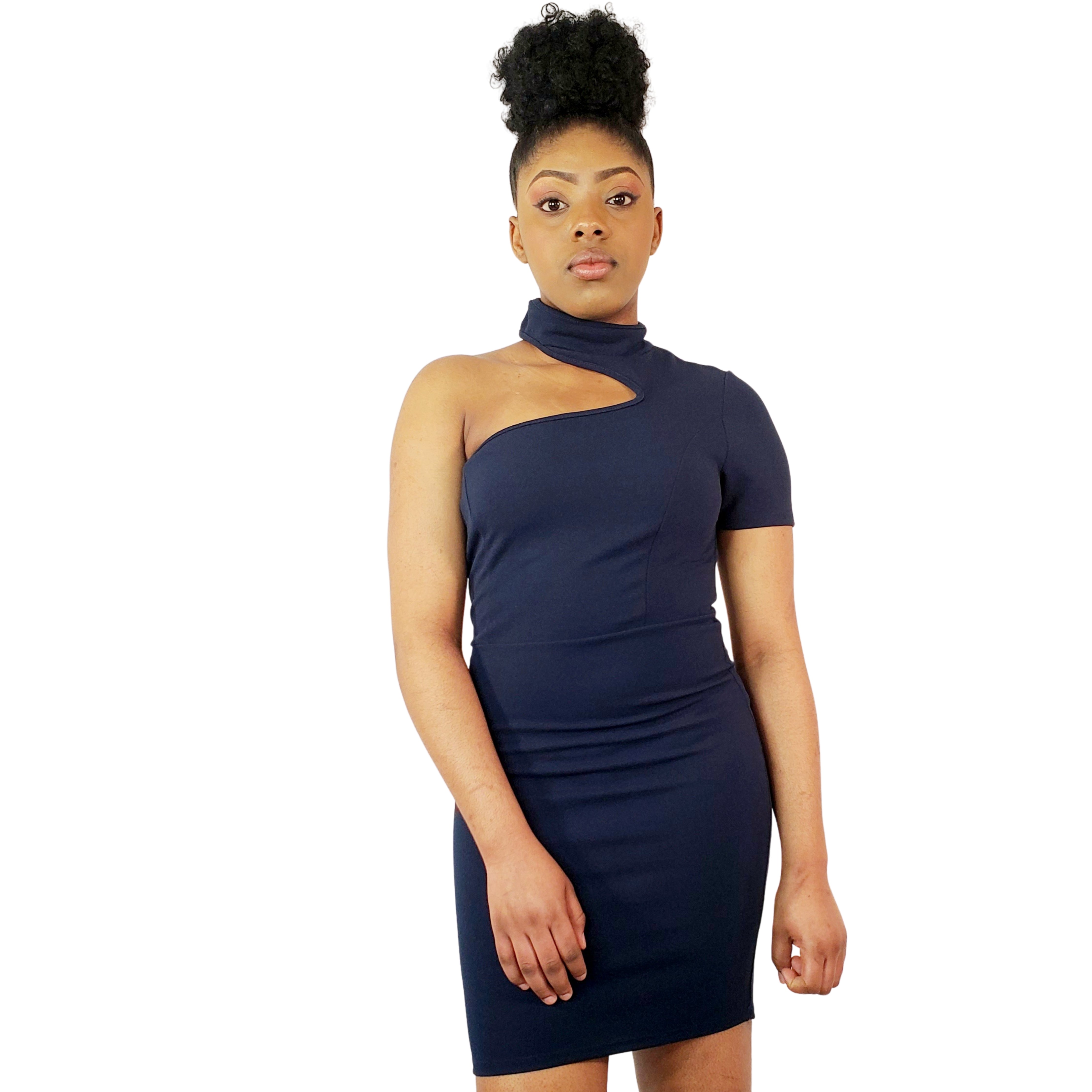 Navy Blue Cut Out One Shoulder Choker Dress