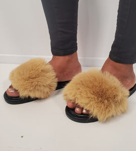 Flat Heeled Khaki Plush Slippers