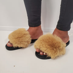 Flat Heeled Khaki Plush Slippers