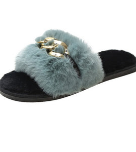 Haze-blue Metal Hollow Chain Furry Slippers