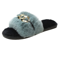 Haze-blue Metal Hollow Chain Furry Slippers