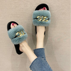 Haze-blue Metal Hollow Chain Furry Slippers