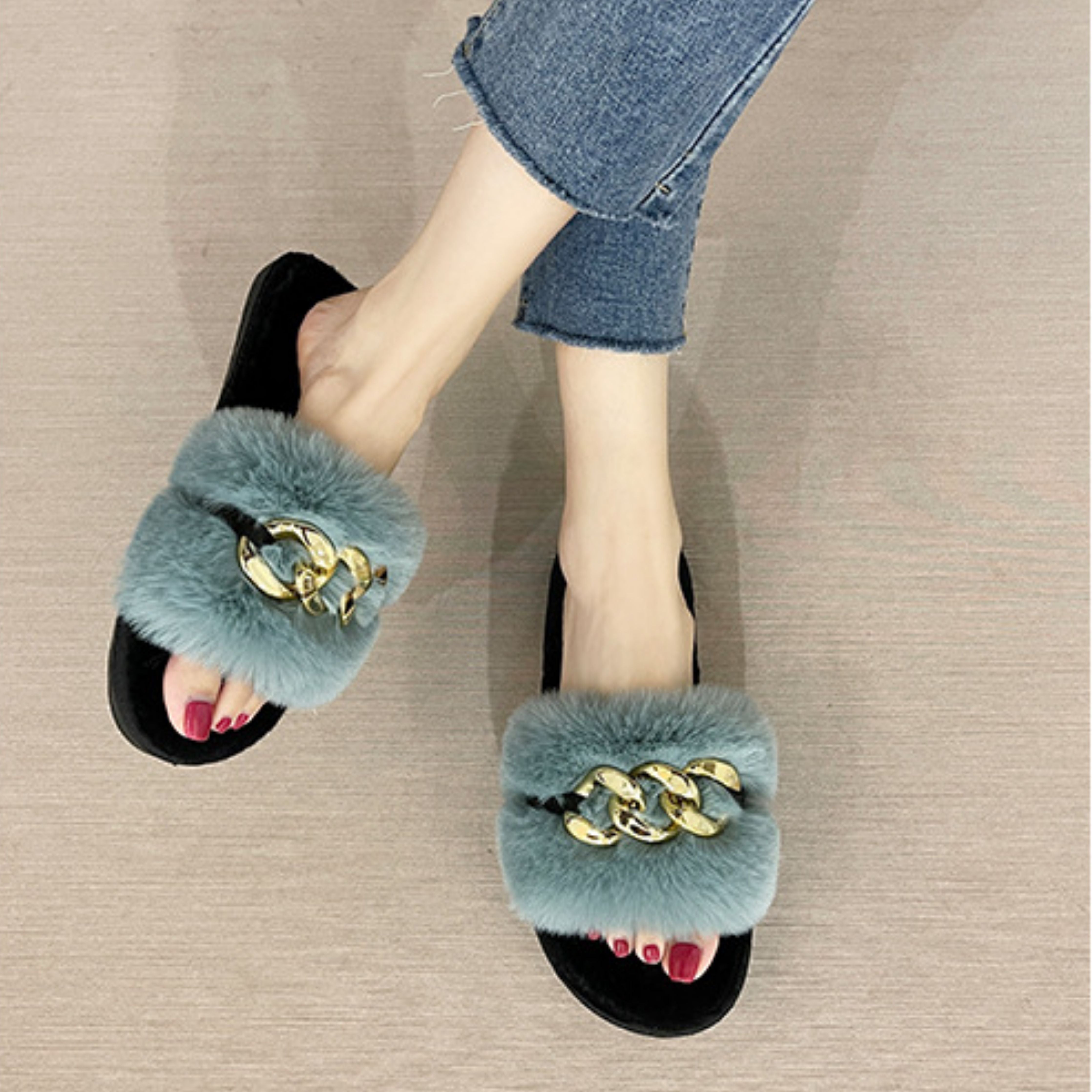 Haze-blue Metal Hollow Chain Furry Slippers