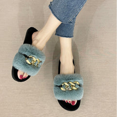 Haze-blue Metal Hollow Chain Furry Slippers