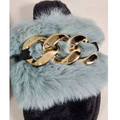 Haze-blue Metal Hollow Chain Furry Slippers