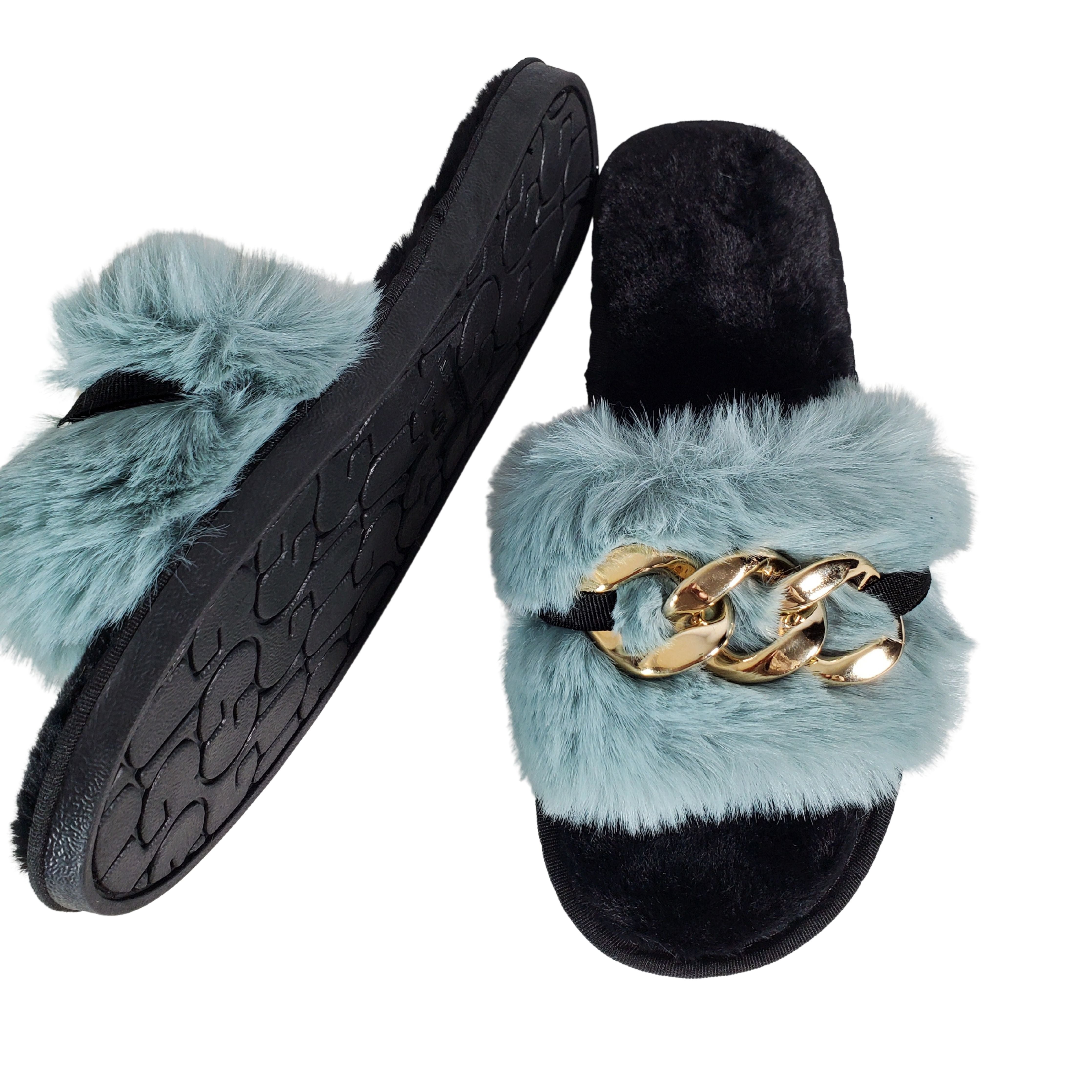 Haze-blue Metal Hollow Chain Furry Slippers