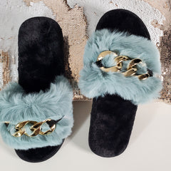 Haze-blue Metal Hollow Chain Furry Slippers