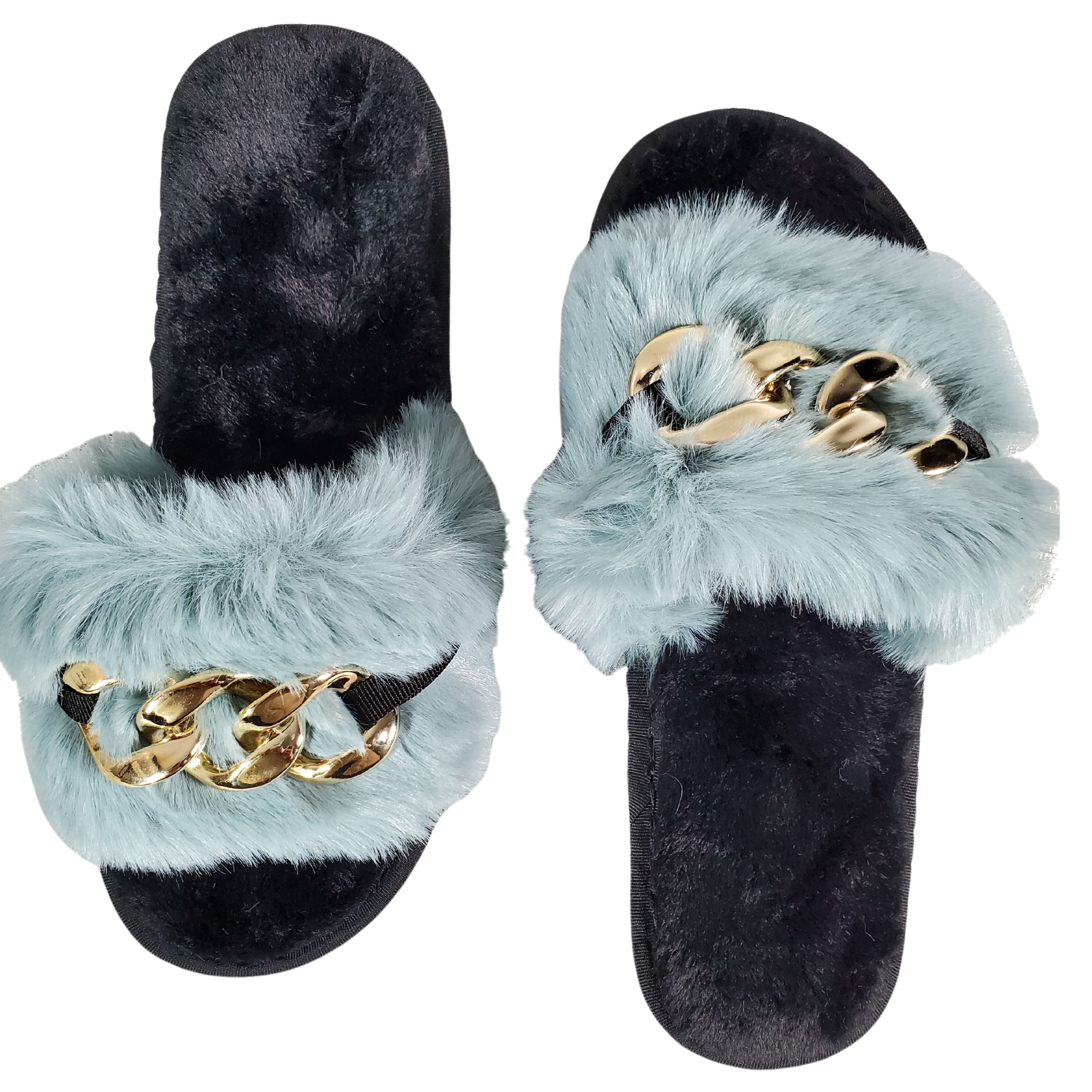 Haze-blue Metal Hollow Chain Furry Slippers