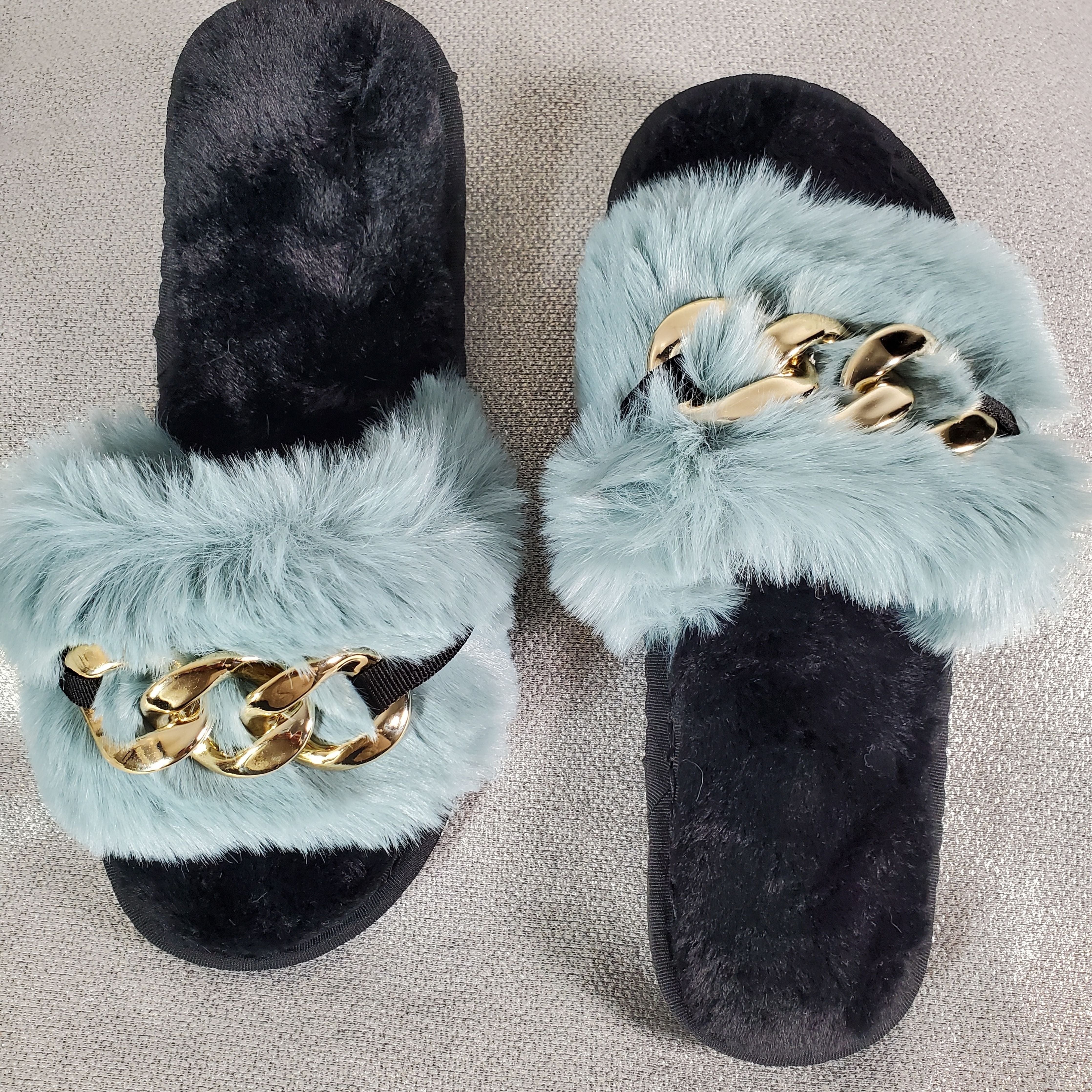 Haze-blue Metal Hollow Chain Furry Slippers