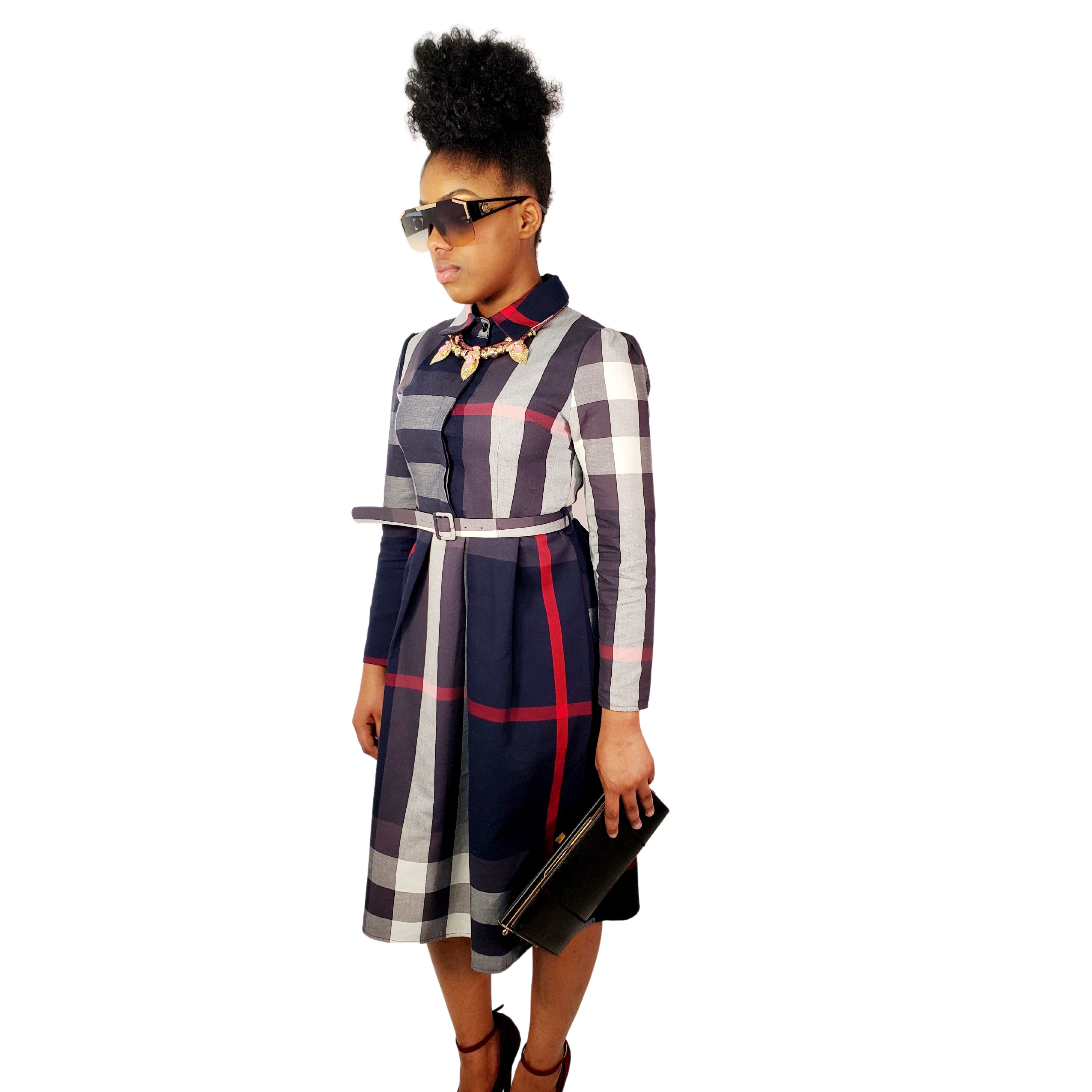 High Waist Lapel Plaid Dress