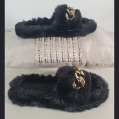 Black Gold Chain Thick Bottom Plush Slippers