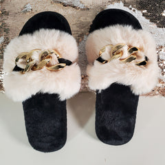 Apricot Metal Hollow Chain Furry Slippers