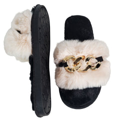 Apricot Metal Hollow Chain Furry Slippers