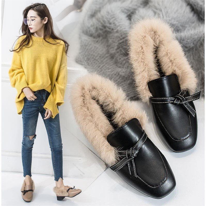 Fur shoes female 2021 spring new wild thick with velvet wind shoes square head shoes