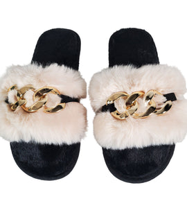 Apricot Metal Hollow Chain Furry Slippers