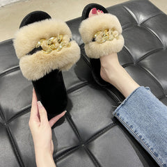 Apricot Metal Hollow Chain Furry Slippers