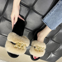 Apricot Metal Hollow Chain Furry Slippers