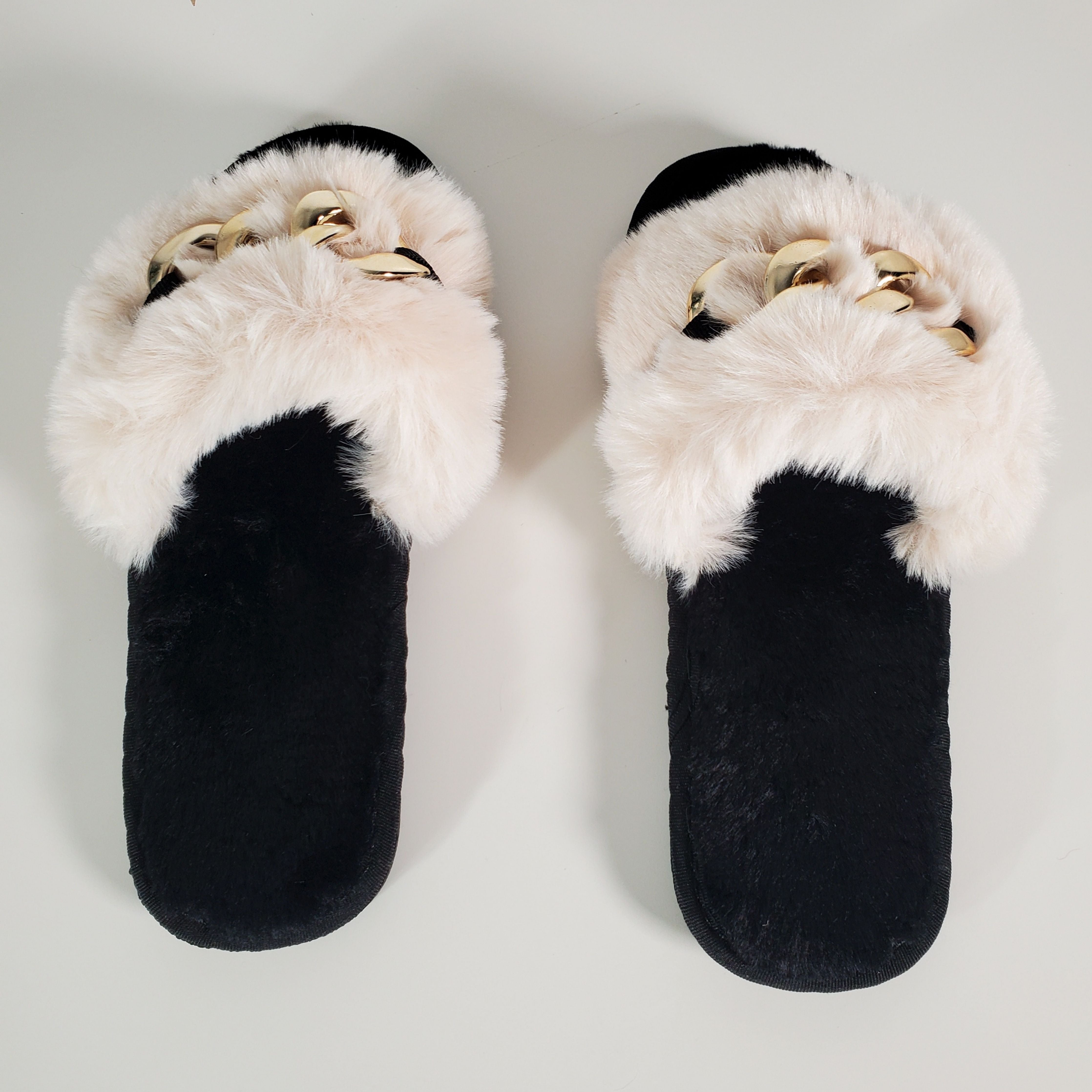 Apricot Metal Hollow Chain Furry Slippers