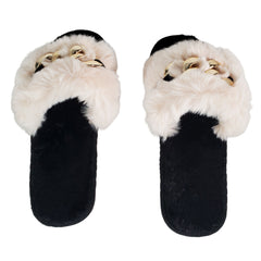 Apricot Metal Hollow Chain Furry Slippers