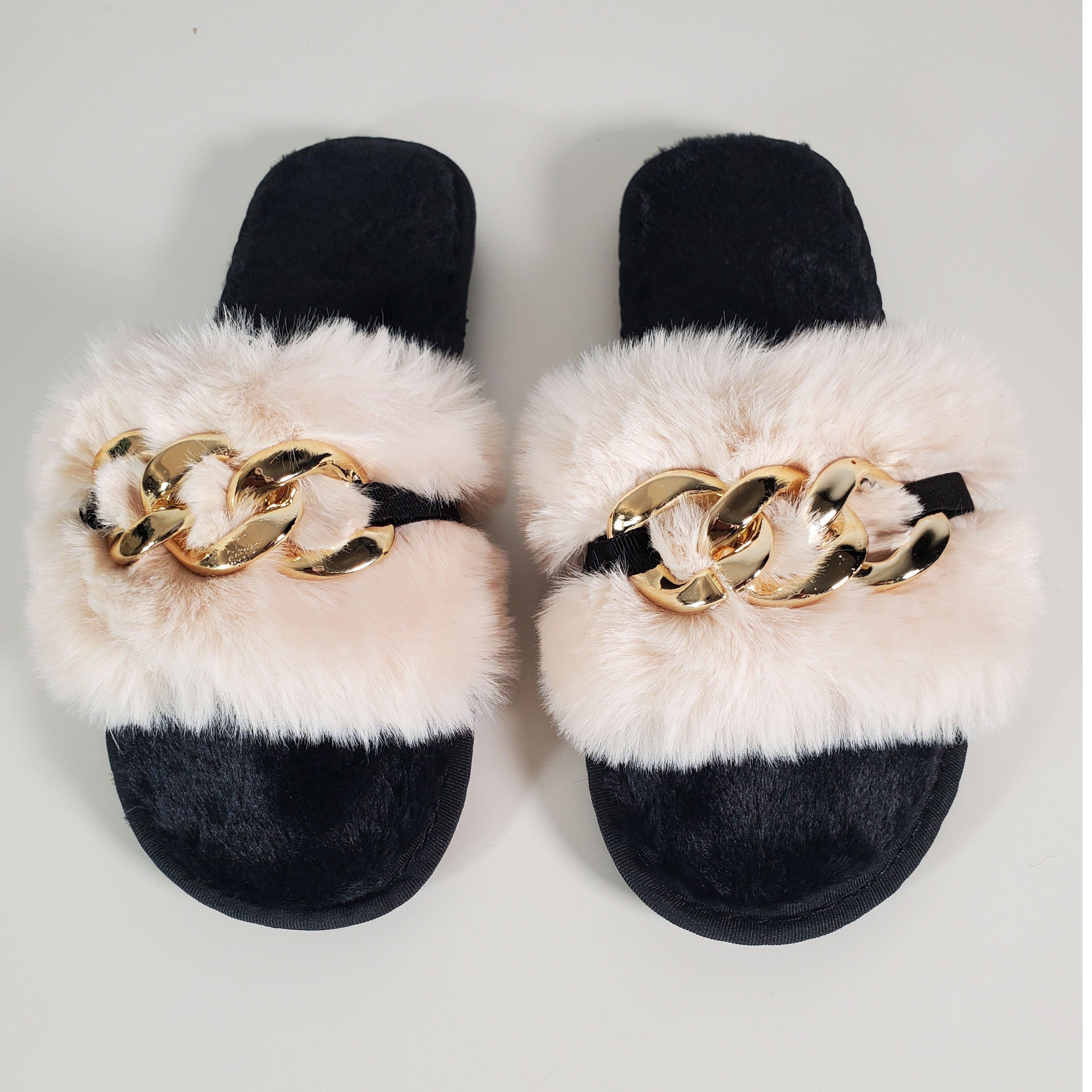 Apricot Metal Hollow Chain Furry Slippers