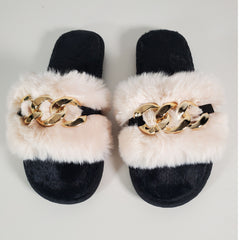 Apricot Metal Hollow Chain Furry Slippers