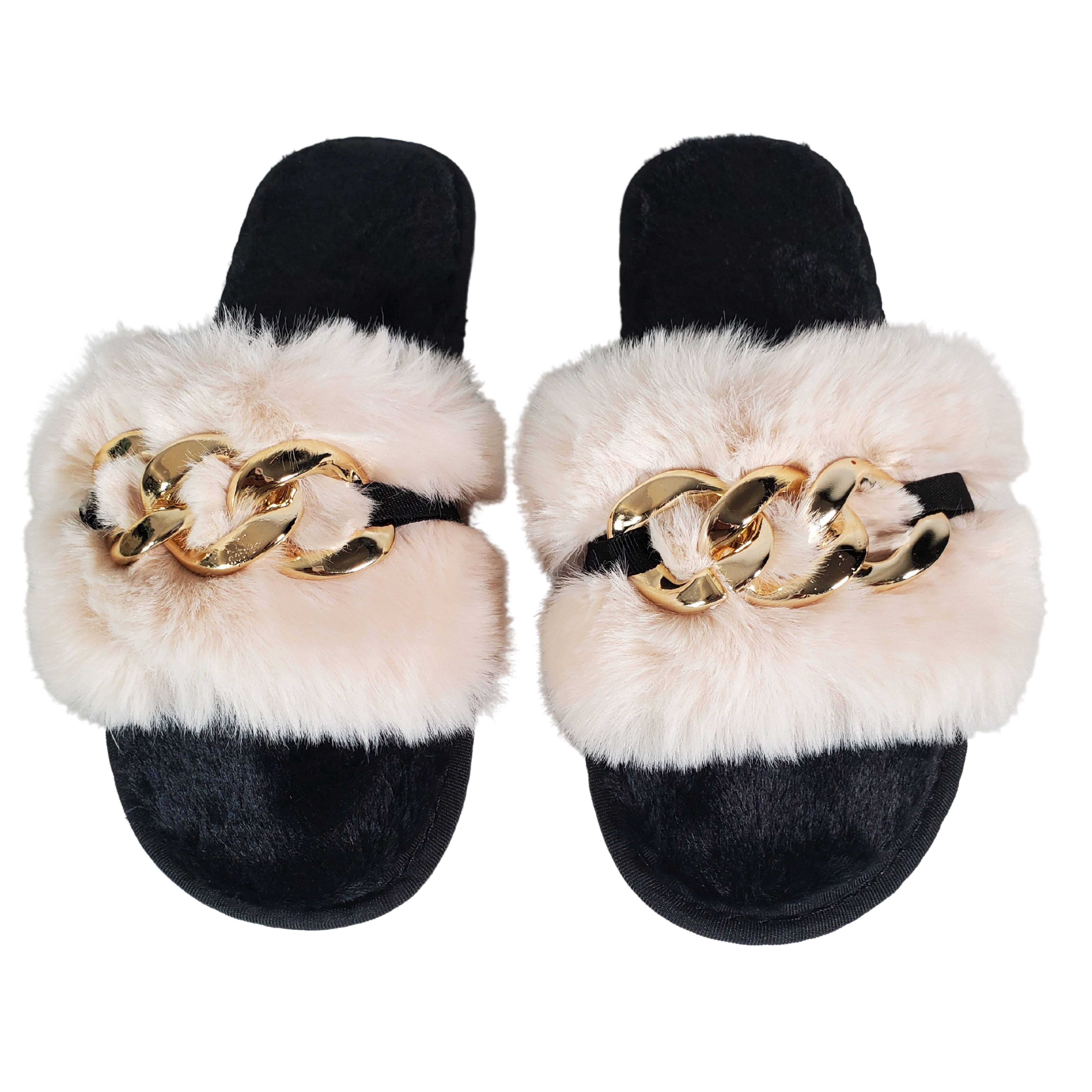 Apricot Metal Hollow Chain Furry Slippers