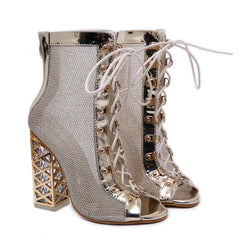 Crystal thick heel mesh hollow high heel